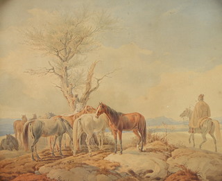 19th Century watercolour, monogrammed SD, horses and a rider in an extensive country setting 23cm x 29cm 