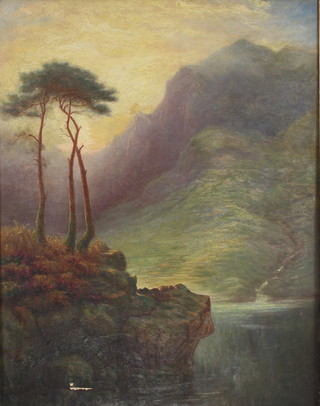 J S Morris, 1903, oil on canvas, signed and dated, landscape scene with lake and distant mountains 90cm x 70cm 