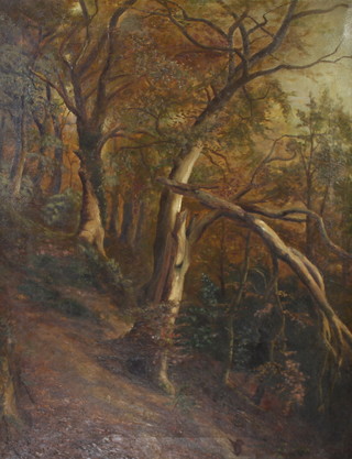 J S Morris, 1883, oil on canvas, signed, a woodland landscape scene, 90cm x 70cm 