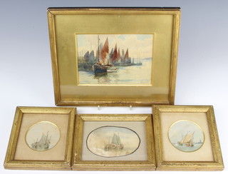 Augustus Morton Hely-Smith (1862-1941), watercolour signed, moored fishing vessels in harbour 12cm x 16cm, together with three maritime watercolours   