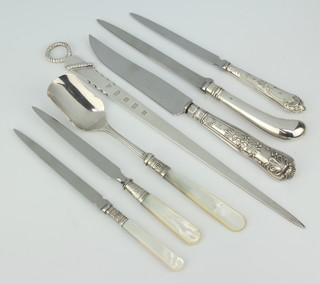 A modern silver paper knife/letter opener 87grams 4 other paper knives, a cheese knife and a stilton scoop