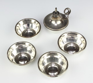 A silver oil lamp Birmingham 1944 and 4 dishes, 200 grams 