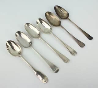 A George III silver table spoons London 1770, 5 others, 353 grams