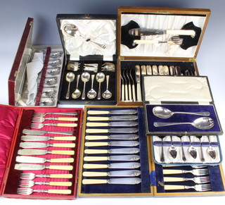 Eight cased sets of silver plated flatware 