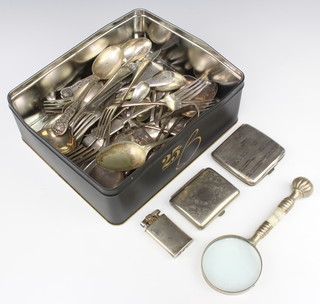 An Engine turned silver cigarette case Birmingham 1909 and minor plated items 