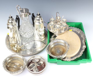 A pair of Queen Anne style silver plated coffee and hotwater pots, a pair of 19th Century coasters and a quantity of plated wares 