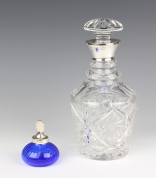 A mallet shaped decanter and stopper with sterling silver stopper 24cm together with a sterling mounted scent bottle