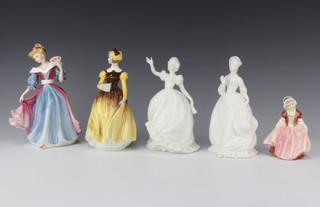 Two Royal Doulton figures - Amy HN3316 22cm, Dinky Do HN2120 11cm and 3 other figures 
