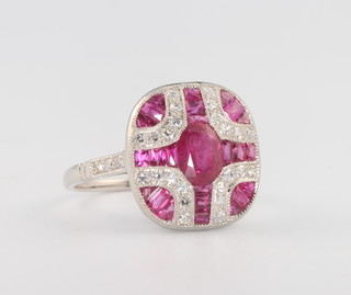 A platinum, ruby and diamond Art Deco style dress ring size N