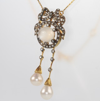 An Edwardian style cabochon moonstone, seed pearl, diamond and pearl necklace on a 9ct yellow gold chain