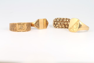 Four gentleman's 9ct yellow gold rings size M, N, S and T, 12 grams