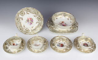 A Victorian part tea and coffee set decorated with spring flowers with grey and gilt decoration comprising 6 coffee cups (1 riveted), 12 saucers (2 chipped), 6 tea cups (1 riveted, 2 cracked), 6 small plates, 6 medium plates, 2 sandwich plates, a slop bowl (cracked) 