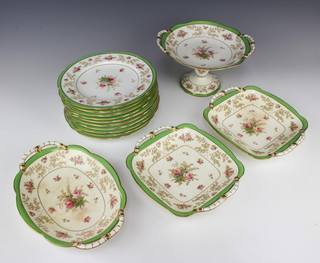 A Coalport part dessert service decorated roses - tazza, 2 square handled dishes, an oval ditto and 10 plates 