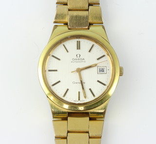 A gentleman's gilt cased Omega automatic calendar wristwatch on a ditto bracelet, boxed 