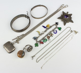 A silver bangle, an Albert, vesta and minor jewellery 