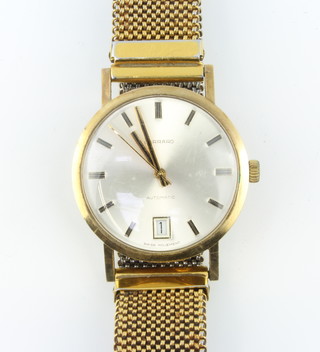 A gentleman's 9ct yellow gold Garrards automatic calendar wristwatch on a gilt bracelet in original box 