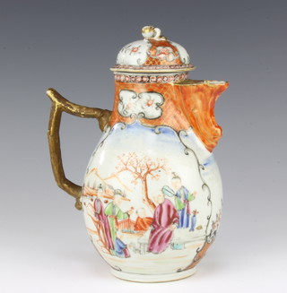 An 18th Century Chinese export famille rose coffee pot and lid decorated figures in extensive landscape 24cm 
