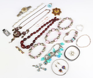 A silver cubic zirconia set line bracelet, a silver bangle, a silver gilt bracelet and minor costume jewellery 