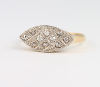 A 14ct yellow gold Edwardian style marquise diamond ring size O 