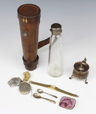 A Victorian silver mounted conical clear glass hunting flask London 1879 18cm in a leather case, a silver mustard and minor items 