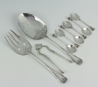 A near pair of silver servers, Sheffield 1914 and 1915, a pair of silver sugar nips and 6 thistle end coffee spoons 256 grams 