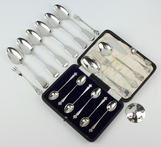 A set of 6 Victorian Scottish silver fiddle pattern teaspoons Edinburgh 1836 and minor spoons and cutlery 280 grams  