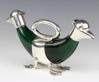 A green glass silver plated mounted double ended ewer in the form of 2 ducks 29cm 