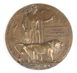 A World War One death plaque to Hubert Harrowing Royal Naval Division