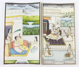 Two 19th Century Indian watercolours on ivory depicting a couple with attendants on a pavillion terrace 16cm x 9.5cm, a ditto 16cm x 8.5cm 