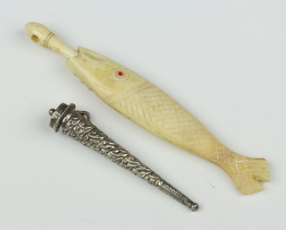 A carved bone needle case in the form of a fish and a Continental silver tapered pin box 