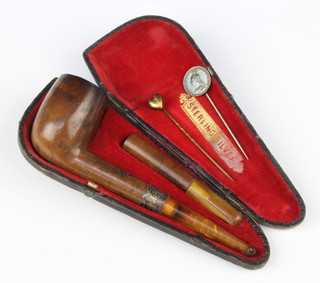 An Edwardian cased pipe with silver collar, 2 tie pins 