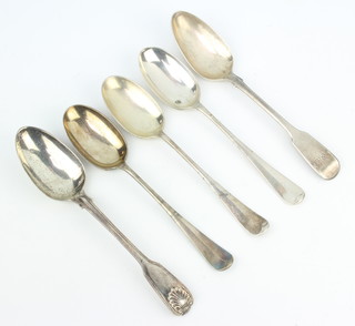 A Victorian silver fiddle pattern table spoon London 1864, 2 others and 2 plated ditto 