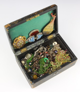 An Indian silver necklace/belt and minor costume jewellery contained in an Edwardian jewellery box 