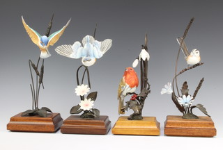 Four Danbury Mint bird figures - Kingfisher 32cm, Robin 27cm, Nuthatch 30cm and Long Tailed Tit 34cm 