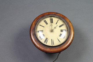 A postman's 19th Century Continental alarm clock with 23cm painted dial with Roman numerals contained in a mahogany case, complete with weights and associated pendulum 