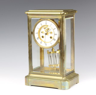 J Maste, a Victorian French 4 glass striking clock with porcelain dial and visible escapement, contained in a gilt metal case, the back plate marked 2902 (no key) 
