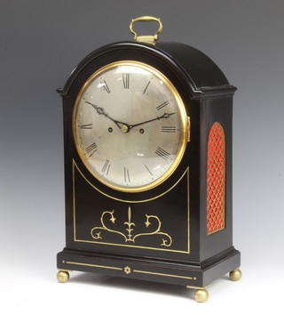 An 18th Century double fusee bracket clock striking on gong and bell, with 30cm brass back plate, contained in an ebonised inlaid brass case with grills to the sides, raised on bun feet (no key)