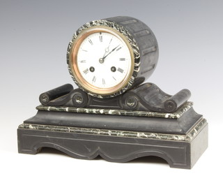 Japy Freres a French 8 day striking mantel clock, striking on a bell, the back plate marked CHV with a white enamelled dial and Roman numerals, contained in a two colour marble case (no key) 