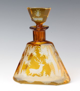 An Art Deco style Bohemian overlay orange glass triangular spirit decanter decorated with a deer amongst trees 22cm 