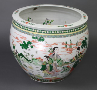 A Chinese 18th Century style fish bowl, the interior decorated with fish, the exterior with figures in landscapes 50cm 