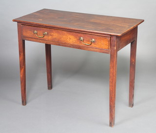 A George III mahogany side table fitted a frieze drawer with brass swan neck drop handles, raised on square tapered supports 74cm x 90cm x 44cm  