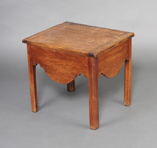 A square Georgian mahogany commode with hinged lid and shaped apron on square tapered supports, converted for use as a work box 45cm x 49cm x 41cm 
