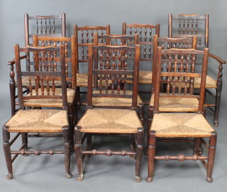 A harlequin set of 10 18th Century Lancashire elm spindle back dining chairs with woven rush seats, raised on turned supports
