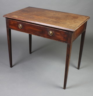 A George III mahogany side table fitted a frieze drawer and raised on square tapered supports 72cm h x 87cm w x 52cm d 