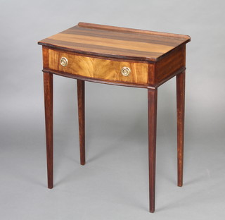A 19th Century rosewood bow front side table with raised back, fitted 1 long drawer and raised on square tapered supports 76cm h x 61cm w x 40cm d 