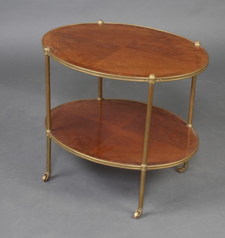 An Empire style oval walnut 2 tier etagere with quarter veneered top and gilt metal mounts 54cm x 62cm x 47cm 