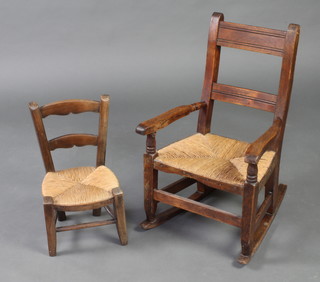A child's 19th Century elm bar back rocking chair with woven cane seat, together with a child's French pine ladder back chair with woven rush seat 
