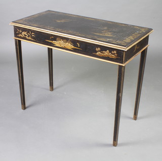 A rectangular chinoiserie style side table, raised on square tapered supports 74cm x 91cm x 45cm 