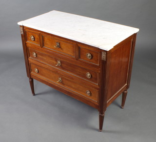 An Empire style mahogany commode with white veined marble top, fitted 3 long drawers with gilt metal mounts, raised on turned and fluted supports 84cm x 98cm x 49cm  