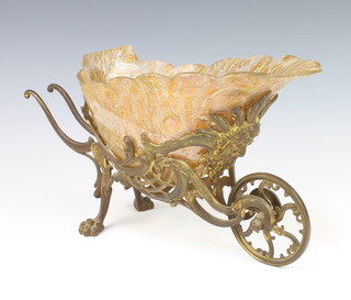 A 19th Century Continental gilt metal bowl mount in the form of a wheelbarrow with crackle glass liner (f) 18cm x 35cm x 14cm 